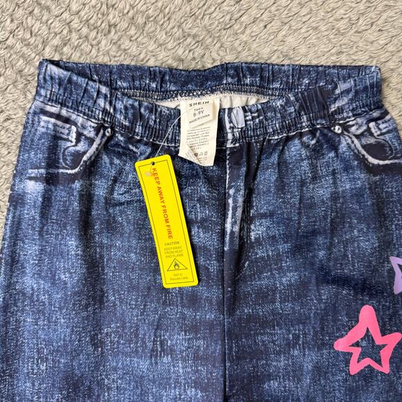 NWT SHEIN Tween Girls Graphic Leggings Pants 8-9Y Denim Blue Cotton Stretch - Picture 4 of 5